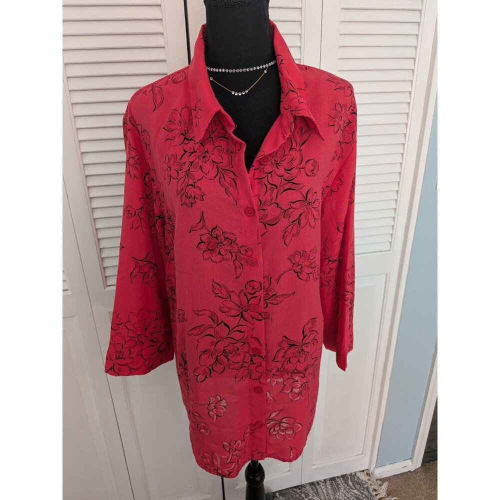Alfred Dunner Shirt Womens 18W Coral Red Floral Long Sleeve Burnout Button Top